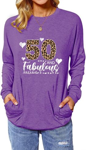 Birthday Shirts for Women Long Sleeve Tunic Tops with Pocket Leopard 50 and Fabulous 50th in Saudi Arabia