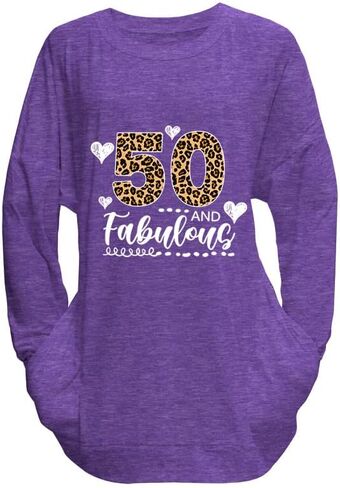Birthday Shirts for Women Long Sleeve Tunic Tops with Pocket Leopard 50 and Fabulous 50th in Saudi Arabia