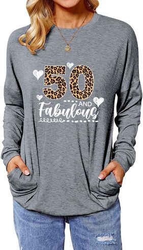 Birthday Shirts for Women Long Sleeve Tunic Tops with Pocket Leopard 50 and Fabulous 50th in Saudi Arabia