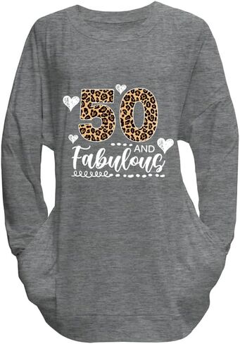Birthday Shirts for Women Long Sleeve Tunic Tops with Pocket Leopard 50 and Fabulous 50th in Saudi Arabia