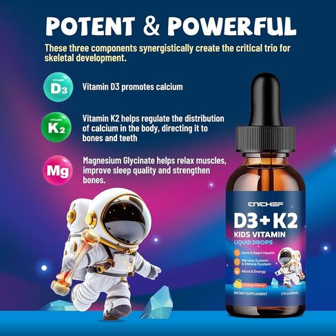 Vitamin D3 K2 Drops for Kids - Liquid Supplement with Magnesium for Calcium Absorption, Joint Health, Teeth & Heart - Non-GMO, Vegan, Orange, 2 Fl Oz - Kids Ages 4+ in Kuwait