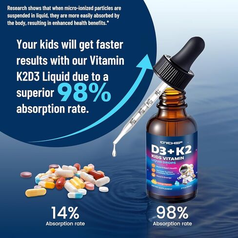 Vitamin D3 K2 Drops for Kids - Liquid Supplement with Magnesium for Calcium Absorption, Joint Health, Teeth & Heart - Non-GMO, Vegan, Orange, 2 Fl Oz - Kids Ages 4+ in Kuwait