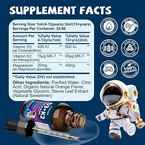 Vitamin D3 K2 Drops for Kids - Liquid Supplement with Magnesium for Calcium Absorption, Joint Health, Teeth & Heart - Non-GMO, Vegan, Orange, 2 Fl Oz - Kids Ages 4+ in Kuwait