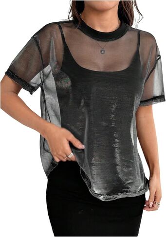 OYOANGLE Women's See Through Top Metallic Mesh Sheer Short Sleeve Rave T-Shirt in Saudi Arabia