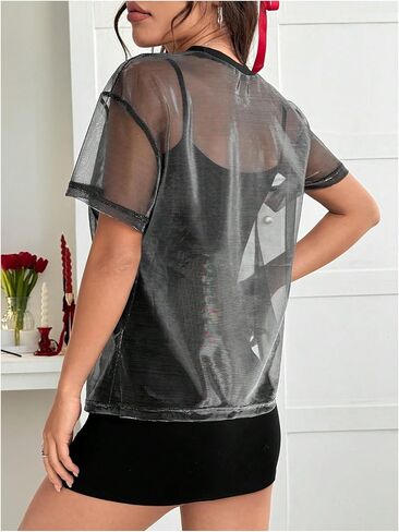OYOANGLE Women's See Through Top Metallic Mesh Sheer Short Sleeve Rave T-Shirt in Saudi Arabia