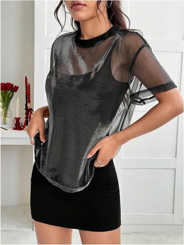 OYOANGLE Women's See Through Top Metallic Mesh Sheer Short Sleeve Rave T-Shirt in Saudi Arabia