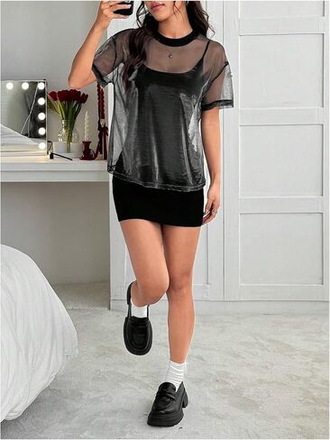 OYOANGLE Women's See Through Top Metallic Mesh Sheer Short Sleeve Rave T-Shirt in Saudi Arabia