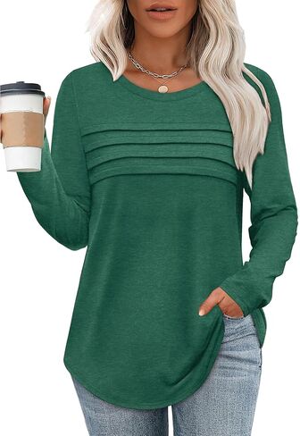 XIEERDUO Women's Pleated Tunic Tops Fall Long Sleeve Blouses Fashion Curved Hem Shirts Dressy Casual S-3XL in Saudi Arabia