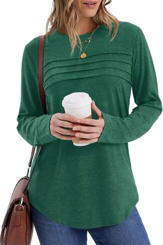 XIEERDUO Women's Pleated Tunic Tops Fall Long Sleeve Blouses Fashion Curved Hem Shirts Dressy Casual S-3XL in Saudi Arabia