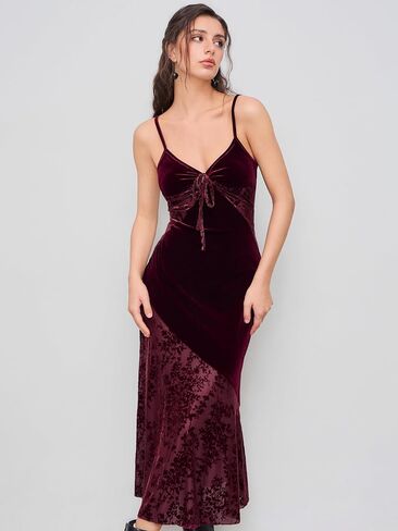 CIDER Velvet Dress Floral Cut Out Sleeveless Cocktail Party V Neck Knotted Velvet Midi Dress in Saudi Arabia