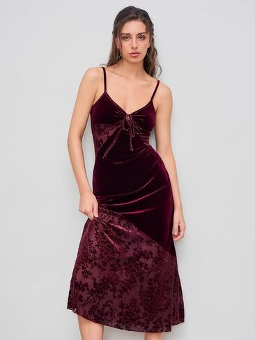 CIDER Velvet Dress Floral Cut Out Sleeveless Cocktail Party V Neck Knotted Velvet Midi Dress in Saudi Arabia