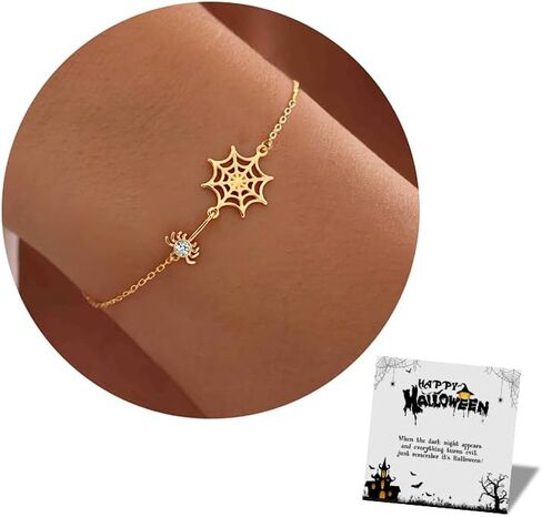 أساور الهالوين للنساء والفتيات، هدايا الهالوين سوار شبكي عنكبوت مطلي بالذهب عيار 14 قيراط مع سوار من حجر الميلاد 1-12 مجوهرات إكسسوارات حفلات الهالوين in Kuwait