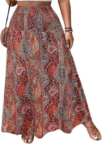 WDIRARA Women's Plus Size Paisley Print Boho Maxi Skirts High Waist Smocked Ruffle Hem A Line Skirt in Saudi Arabia