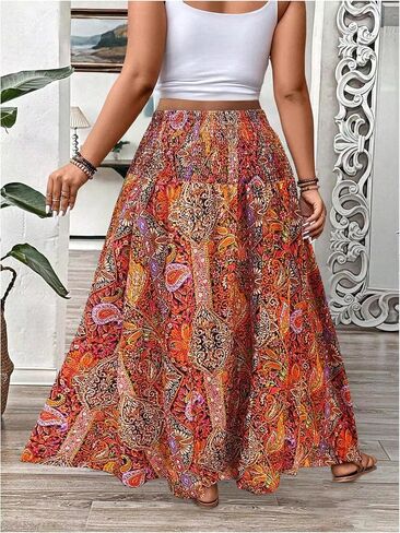 WDIRARA Women's Plus Size Paisley Print Boho Maxi Skirts High Waist Smocked Ruffle Hem A Line Skirt in Saudi Arabia