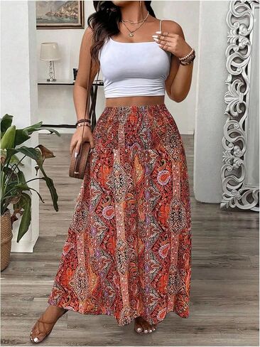 WDIRARA Women's Plus Size Paisley Print Boho Maxi Skirts High Waist Smocked Ruffle Hem A Line Skirt in Saudi Arabia