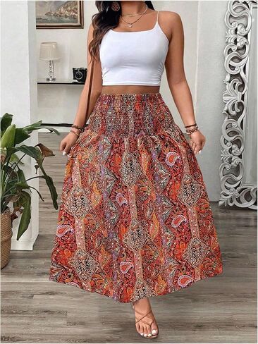 WDIRARA Women's Plus Size Paisley Print Boho Maxi Skirts High Waist Smocked Ruffle Hem A Line Skirt in Saudi Arabia
