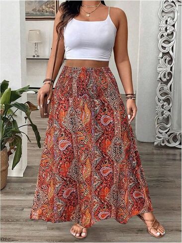 WDIRARA Women's Plus Size Paisley Print Boho Maxi Skirts High Waist Smocked Ruffle Hem A Line Skirt in Saudi Arabia