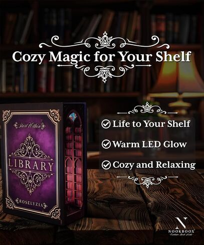 مجموعة أدوات ROSELYZIA Book Nook DIY - NOOKBOOX 3D مكتبة الديوراما الخشبية المصغرة مع ضوء LED - هدية ديكور رف الكتب للبالغين والمراهقين - بنفسجي أرجواني in Kuwait