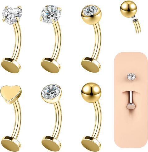 ZS 6Pcs CZ Floating Belly Button Rings, 14G Stainless Steel Belly Button Piercing, Double-ended Internally Threaded Curved Barbell Eyebrow Lip Rings for Women in Kuwait