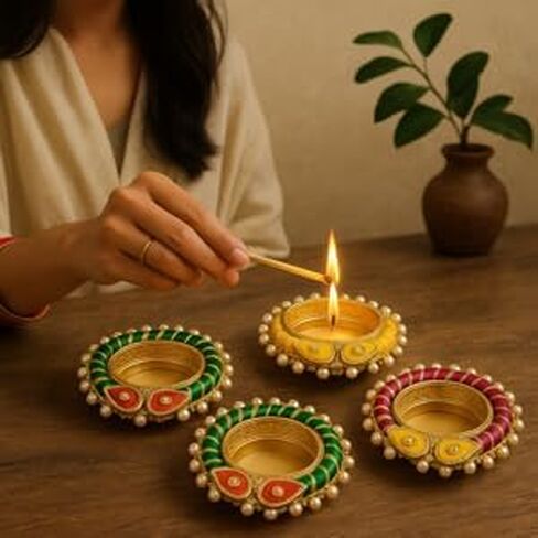 Decorative Lamp/Diya – Handmade Diwali Diya for All Occasions – Traditional Indian Diya for Pooja, Housewarming, Return Gifts, Navratri, and Festive Home Decor - Pearl and Red in Saudi Arabia