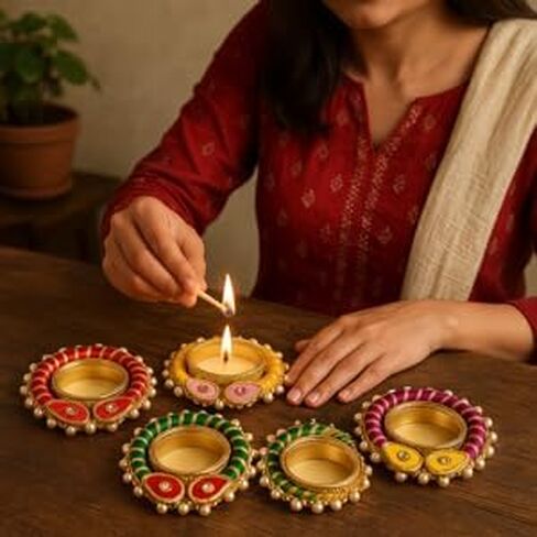 Decorative Lamp/Diya – Handmade Diwali Diya for All Occasions – Traditional Indian Diya for Pooja, Housewarming, Return Gifts, Navratri, and Festive Home Decor - Pearl and Red in Saudi Arabia
