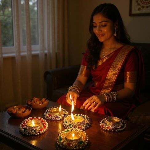 Decorative Lamp/Diya – Handmade Diwali Diya for All Occasions – Traditional Indian Diya for Pooja, Housewarming, Return Gifts, Navratri, and Festive Home Decor - Pearl and Red in Saudi Arabia