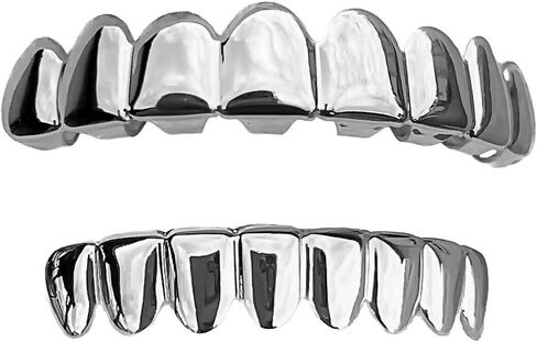 Mens Grillz Set Deeper-Cut Top 8 and Eight Bottom Teeth Silver Tone Pre-Made Grills in Saudi Arabia