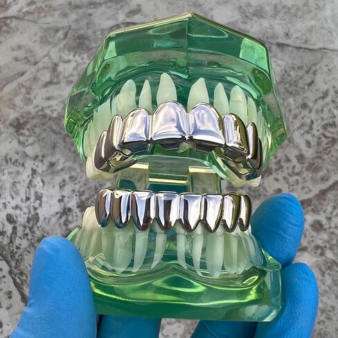 Mens Grillz Set Deeper-Cut Top 8 and Eight Bottom Teeth Silver Tone Pre-Made Grills in Saudi Arabia