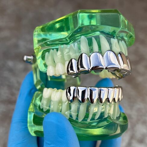 Mens Grillz Set Deeper-Cut Top 8 and Eight Bottom Teeth Silver Tone Pre-Made Grills in Saudi Arabia