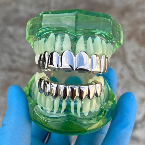 Mens Grillz Set Deeper-Cut Top 8 and Eight Bottom Teeth Silver Tone Pre-Made Grills in Saudi Arabia