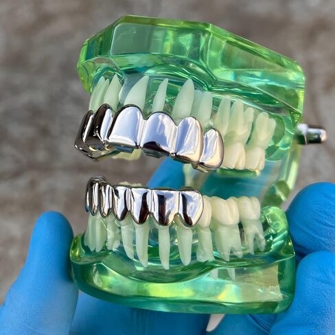 Mens Grillz Set Deeper-Cut Top 8 and Eight Bottom Teeth Silver Tone Pre-Made Grills in Saudi Arabia