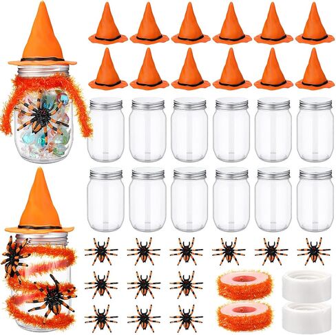 12 Sets Halloween Candy Jar Decoration Kit with Witch Hat Scary Spider Tinsel Garland Spool and Adhesive Dots for Halloween Party Favors Table Centerpieces Trick or Treat DIY Crafts(Black) in Saudi Arabia