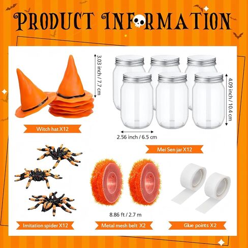 12 Sets Halloween Candy Jar Decoration Kit with Witch Hat Scary Spider Tinsel Garland Spool and Adhesive Dots for Halloween Party Favors Table Centerpieces Trick or Treat DIY Crafts(Black) in Saudi Arabia