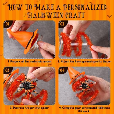 12 Sets Halloween Candy Jar Decoration Kit with Witch Hat Scary Spider Tinsel Garland Spool and Adhesive Dots for Halloween Party Favors Table Centerpieces Trick or Treat DIY Crafts(Black) in Saudi Arabia