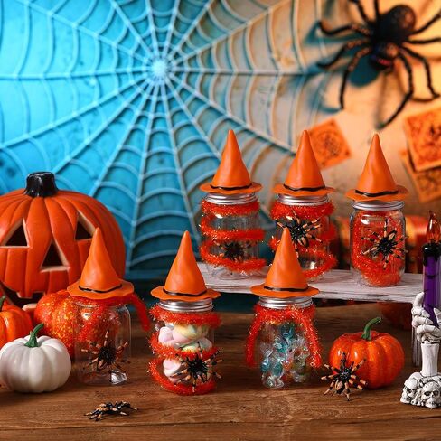 12 Sets Halloween Candy Jar Decoration Kit with Witch Hat Scary Spider Tinsel Garland Spool and Adhesive Dots for Halloween Party Favors Table Centerpieces Trick or Treat DIY Crafts(Black) in Saudi Arabia