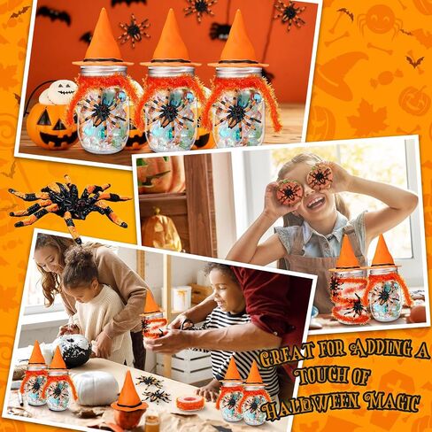 12 Sets Halloween Candy Jar Decoration Kit with Witch Hat Scary Spider Tinsel Garland Spool and Adhesive Dots for Halloween Party Favors Table Centerpieces Trick or Treat DIY Crafts(Black) in Saudi Arabia