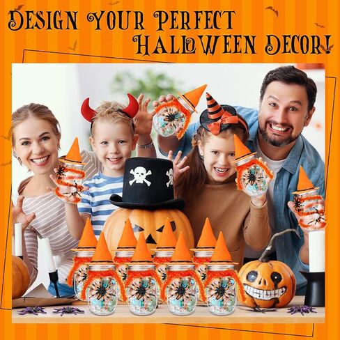 12 Sets Halloween Candy Jar Decoration Kit with Witch Hat Scary Spider Tinsel Garland Spool and Adhesive Dots for Halloween Party Favors Table Centerpieces Trick or Treat DIY Crafts(Black) in Saudi Arabia