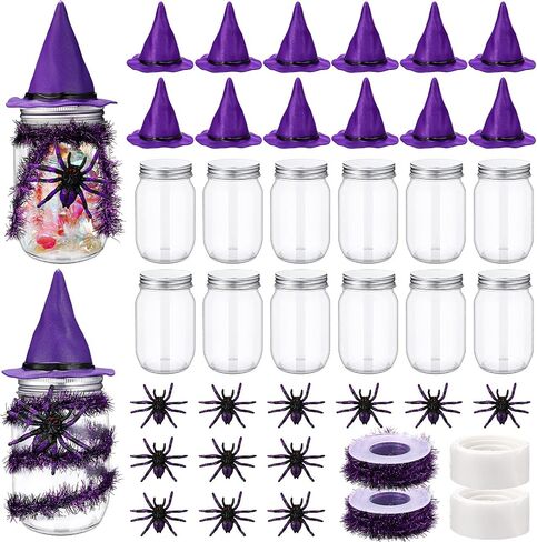 12 Sets Halloween Candy Jar Decoration Kit with Witch Hat Scary Spider Tinsel Garland Spool and Adhesive Dots for Halloween Party Favors Table Centerpieces Trick or Treat DIY Crafts(Black) in Saudi Arabia