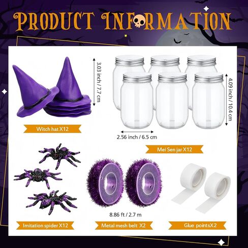 12 Sets Halloween Candy Jar Decoration Kit with Witch Hat Scary Spider Tinsel Garland Spool and Adhesive Dots for Halloween Party Favors Table Centerpieces Trick or Treat DIY Crafts(Black) in Saudi Arabia