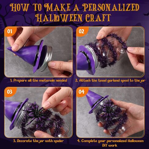 12 Sets Halloween Candy Jar Decoration Kit with Witch Hat Scary Spider Tinsel Garland Spool and Adhesive Dots for Halloween Party Favors Table Centerpieces Trick or Treat DIY Crafts(Black) in Saudi Arabia