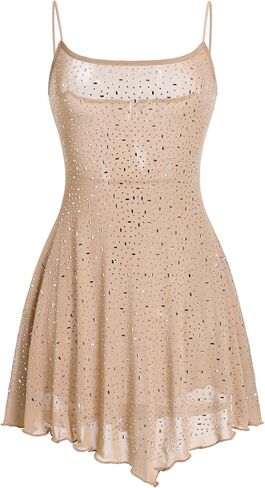 Women Sparkle Rhinestones Dress Sheer Scoop Neck Glitter Mini Dresses for Rave Night Party Homecoming Summer in Saudi Arabia