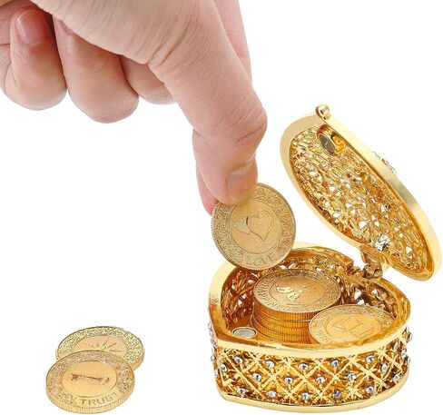 TINGKU 13 English Words Wedding Arras Unity Coins Set with Heart Shaped Box, Arras Para Boda Catolica, Arras De Boda Catolica for Wedding Ceremony, Arras de Boda Cristiana - Gold Coins in Kuwait
