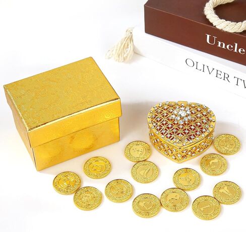 TINGKU 13 English Words Wedding Arras Unity Coins Set with Heart Shaped Box, Arras Para Boda Catolica, Arras De Boda Catolica for Wedding Ceremony, Arras de Boda Cristiana - Gold Coins in Kuwait
