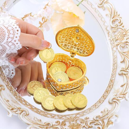 TINGKU 13 English Words Wedding Arras Unity Coins Set with Heart Shaped Box, Arras Para Boda Catolica, Arras De Boda Catolica for Wedding Ceremony, Arras de Boda Cristiana - Gold Coins in Kuwait