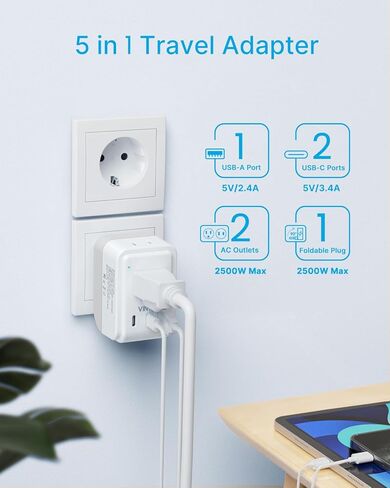 حزمة واحدة من محول قابس السفر الأوروبي، VINTAR قابس طاقة دولي قابل للطي مع 2 منافذ تيار متردد و3 منافذ USB (2 USB C)، شاحن أساسيات السفر من النوع C للولايات المتحدة إلى معظم أوروبا والاتحاد الأوروبي وإيطاليا وإسبانيا وفرنسا in Kuwait