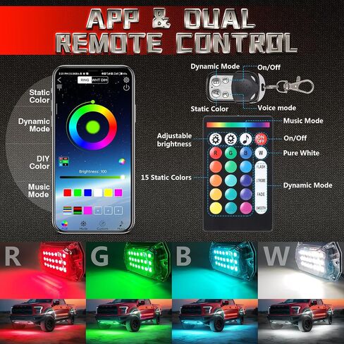 8 Pods Full Angle RGBW LED Rock Lights for Truck ATV UTV RZR SXS Jeeps Van RV Offroad,Waterproof Multicolor Neon Underglow Kit with APP/RF Remote&Brake Red Function, 12V Pure White Underbody Lights in Saudi Arabia