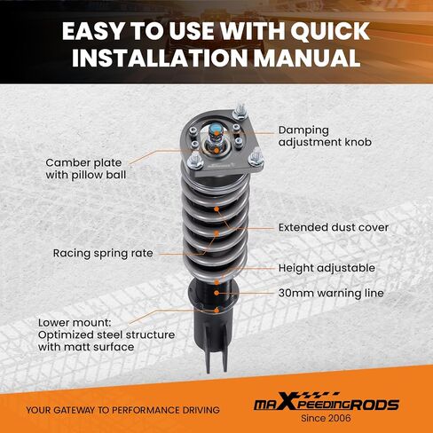 maxpeedingrods Racing Coilover لفورد موستانج 1994-2004، طقم تعليق كويلوفيرز قابل للتعديل بـ 24 مستوى، دعامات امتصاص الصدمات قابلة للتعديل، طقم خفض السباق T7، أسود in Kuwait