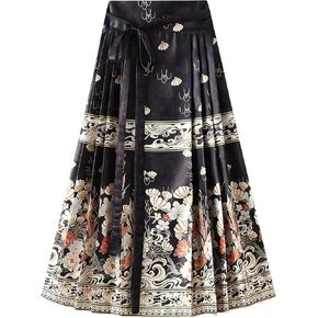 Women's Horse Face Skirt Flower Print Pleated Tie Up A-Line Long Skirt Chinese Style Ming Dynasty Hanfu Midi Skirt in Kuwait