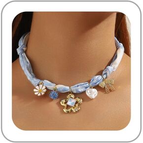 Scarf Necklaces with Charm for Women Boho Bandana Necklaces Vintage Scarf Pendant Necklace Adjustable Tie Statement Choker Necklace Halloween Christmas Jewelry Gift for Women in Kuwait