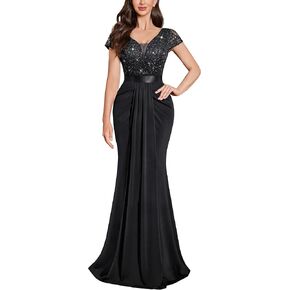 Miusol Women's Deep V-Neck Elegant Lace Sequin Pleated Evening Formal Maxi Dress in Saudi Arabia